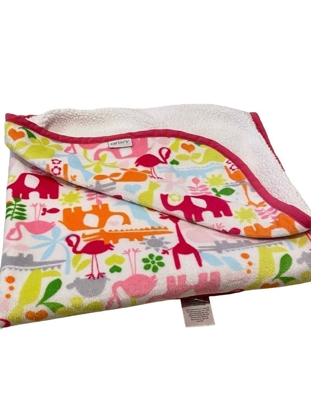 Carters Jungle Blanket Baby Throw Bright Pink White Sherpa Lovey Girl